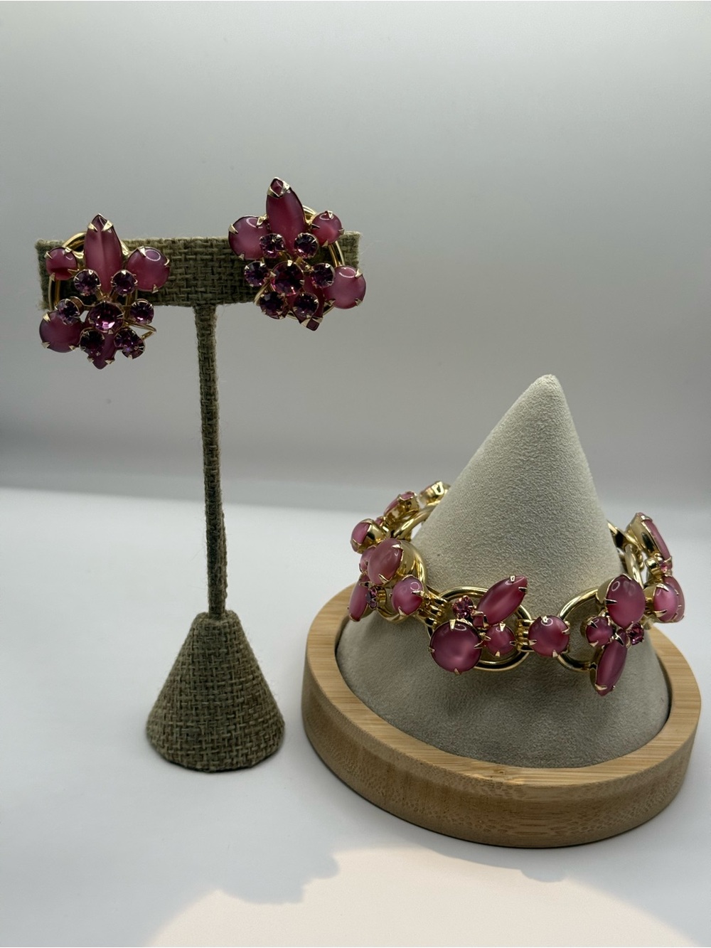Vintage Juliana D&E Pink Moonglow Rhinestone Bracelet & Earring Set 5 Link 6.5”